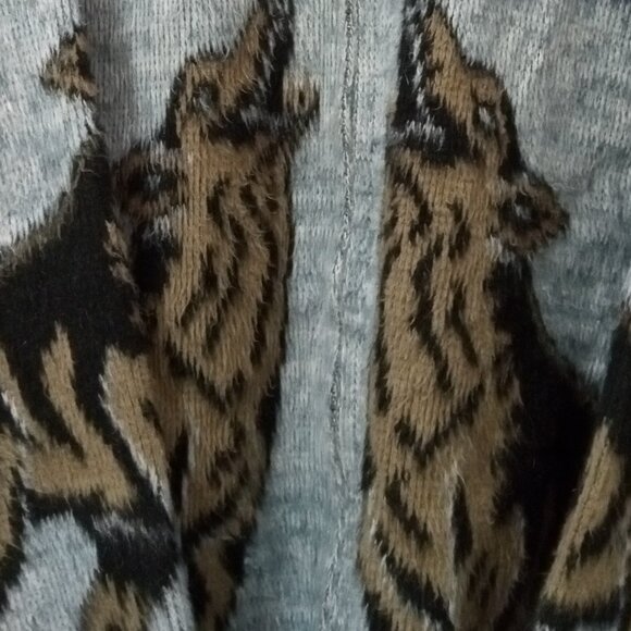 Vintage Yarina Wool Sweater Cardigan Womens Large Blue Howling Wolves Drawstring - Picture 2 of 7